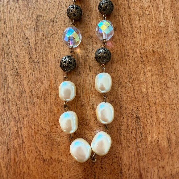 Long costume pearl, rainbow crystal, and brass necklace - Picture 3 of 10